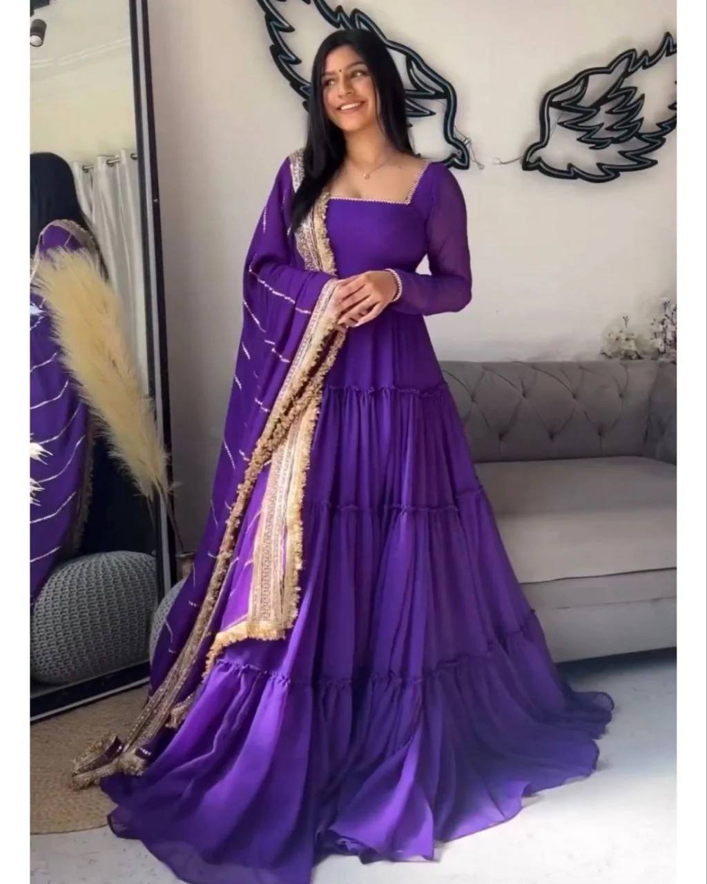 Solid Flared Anarkali Gown with Embellished Dupatta (Multiple Colors)