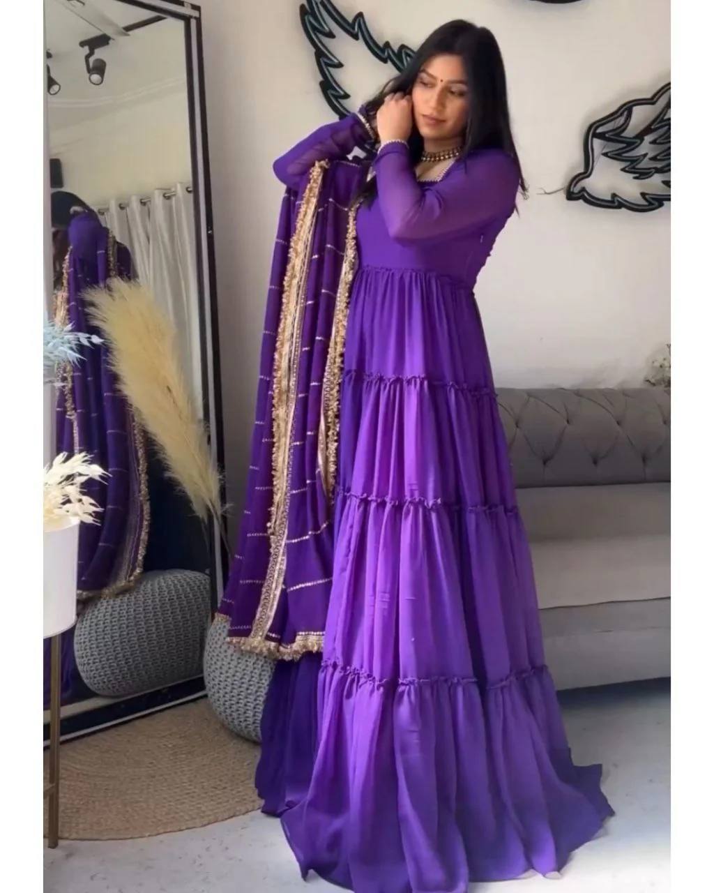 Solid Flared Anarkali Gown with Embellished Dupatta (Multiple Colors)