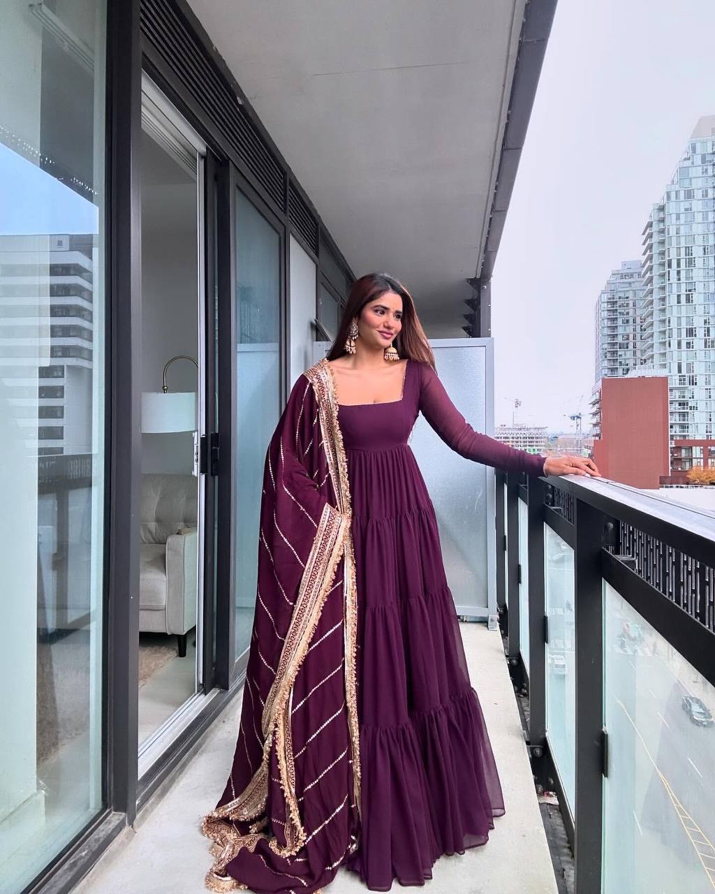 Solid Flared Anarkali Gown with Embellished Dupatta (Multiple Colors)