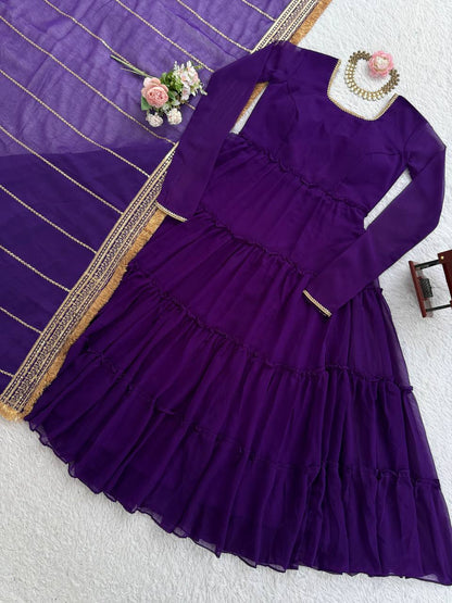 Solid Flared Anarkali Gown with Embellished Dupatta (Multiple Colors)