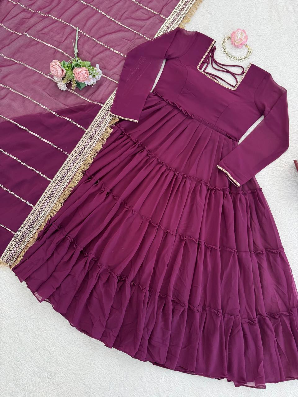 Solid Flared Anarkali Gown with Embellished Dupatta (Multiple Colors)