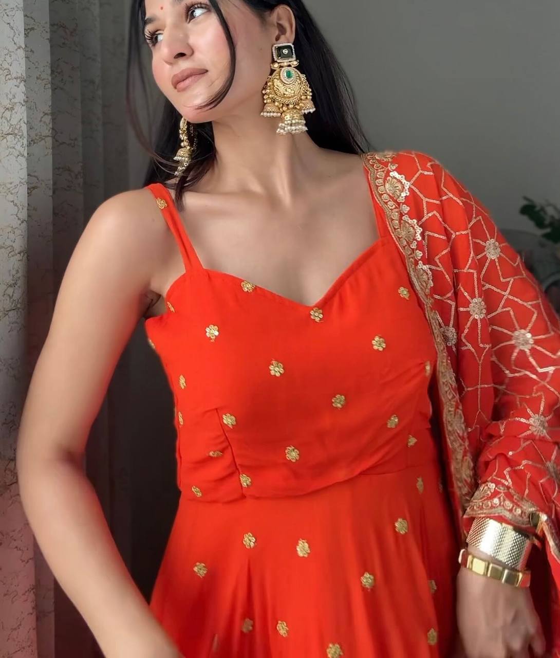 Bright Red Sharara Suit Set with Heavy Embroidered Dupatta