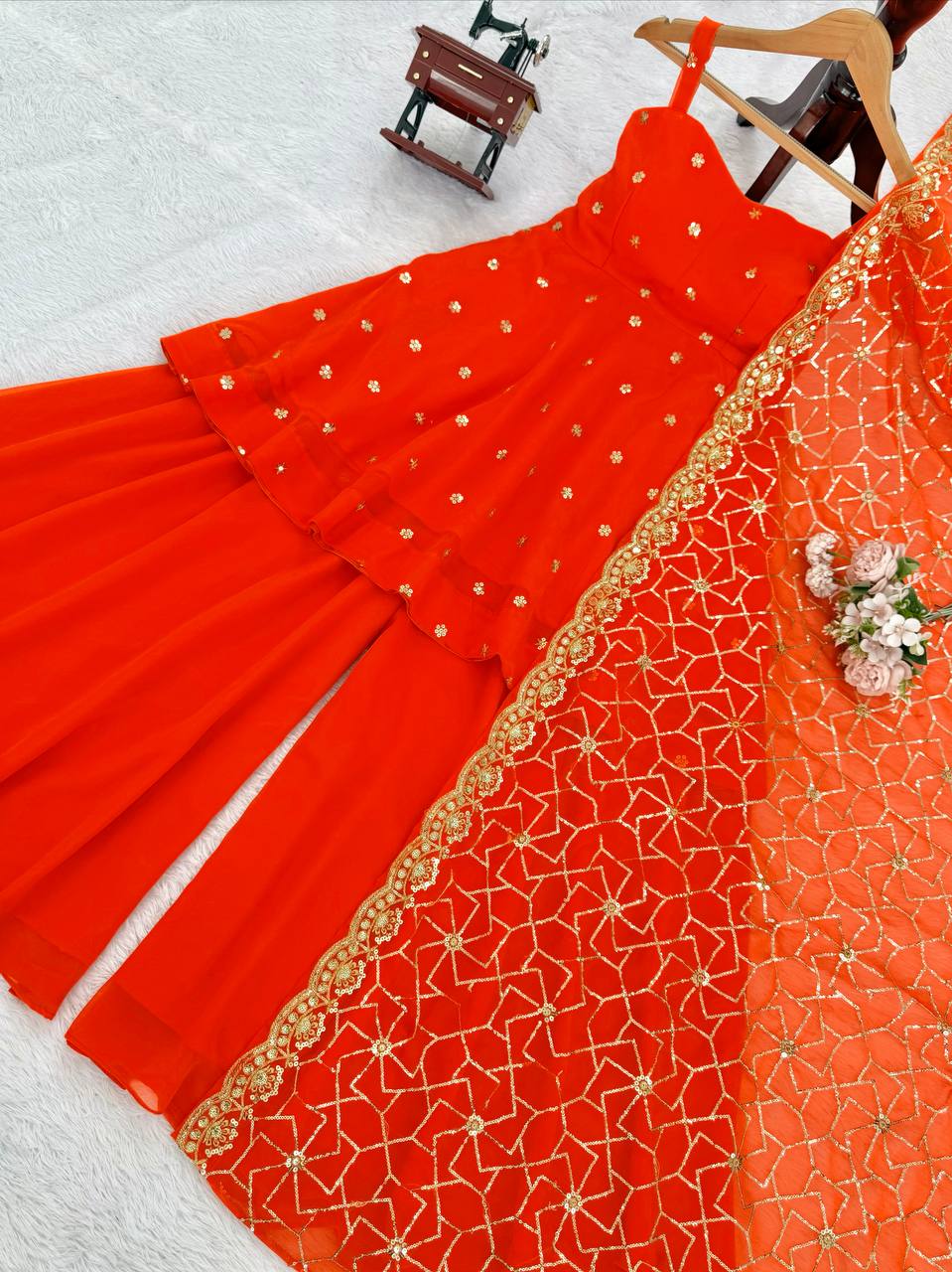 Bright Red Sharara Suit Set with Heavy Embroidered Dupatta