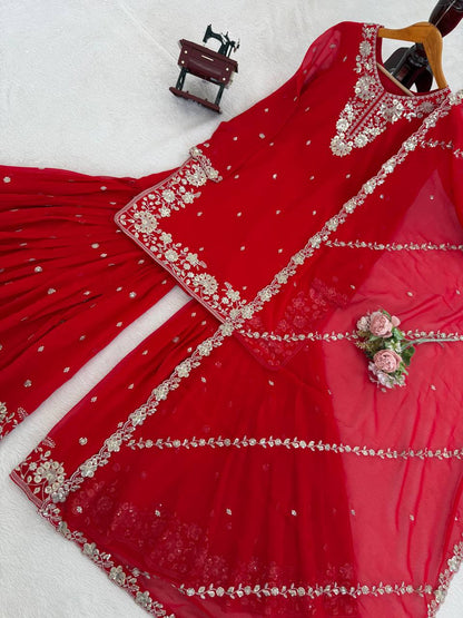 Deep Red Heavy Embroidered Sharara Suit Set with Dupatta