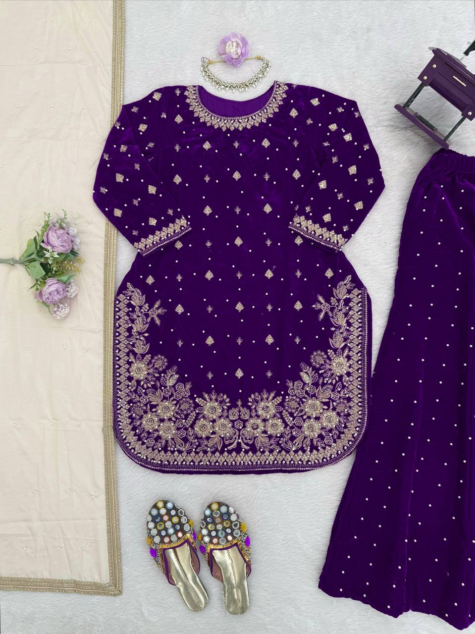 6 Color Velvet Embroidered Kurti Palazzo Set with Dupatta