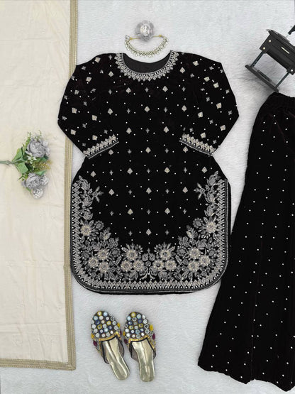 6 Color Velvet Embroidered Kurti Palazzo Set with Dupatta