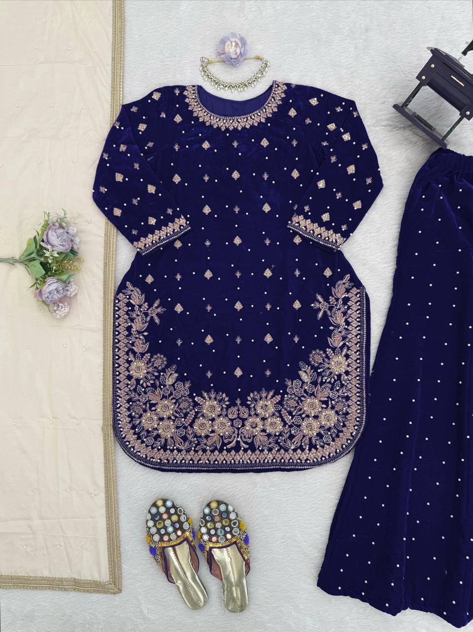 6 Color Velvet Embroidered Kurti Palazzo Set with Dupatta