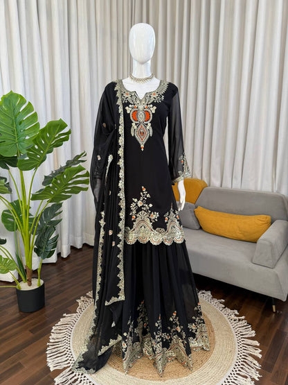 Heavy Embroidered Kurti Sharara Set with Dupatta – 4 Stunning Colors