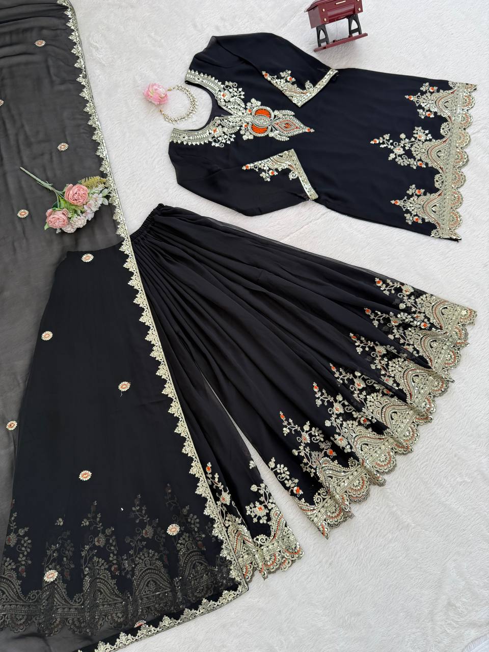 Heavy Embroidered Kurti Sharara Set with Dupatta – 4 Stunning Colors