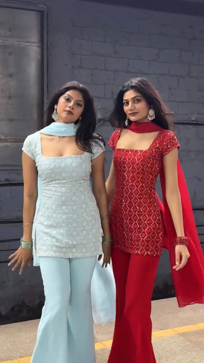 Embroidered Straight Kurti Palazzo Set with Dupatta (3 Colors)