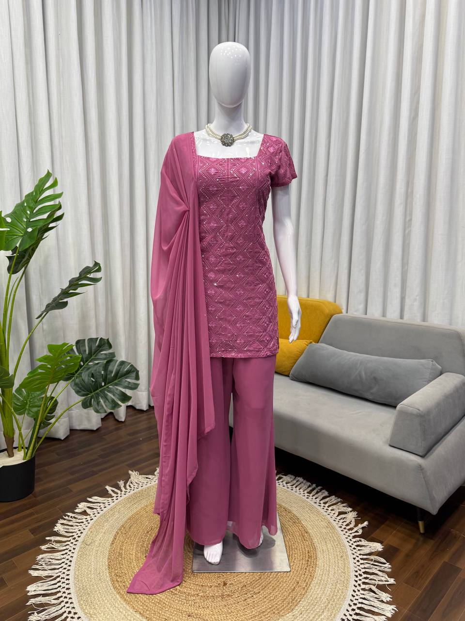 Embroidered Straight Kurti Palazzo Set with Dupatta (3 Colors)