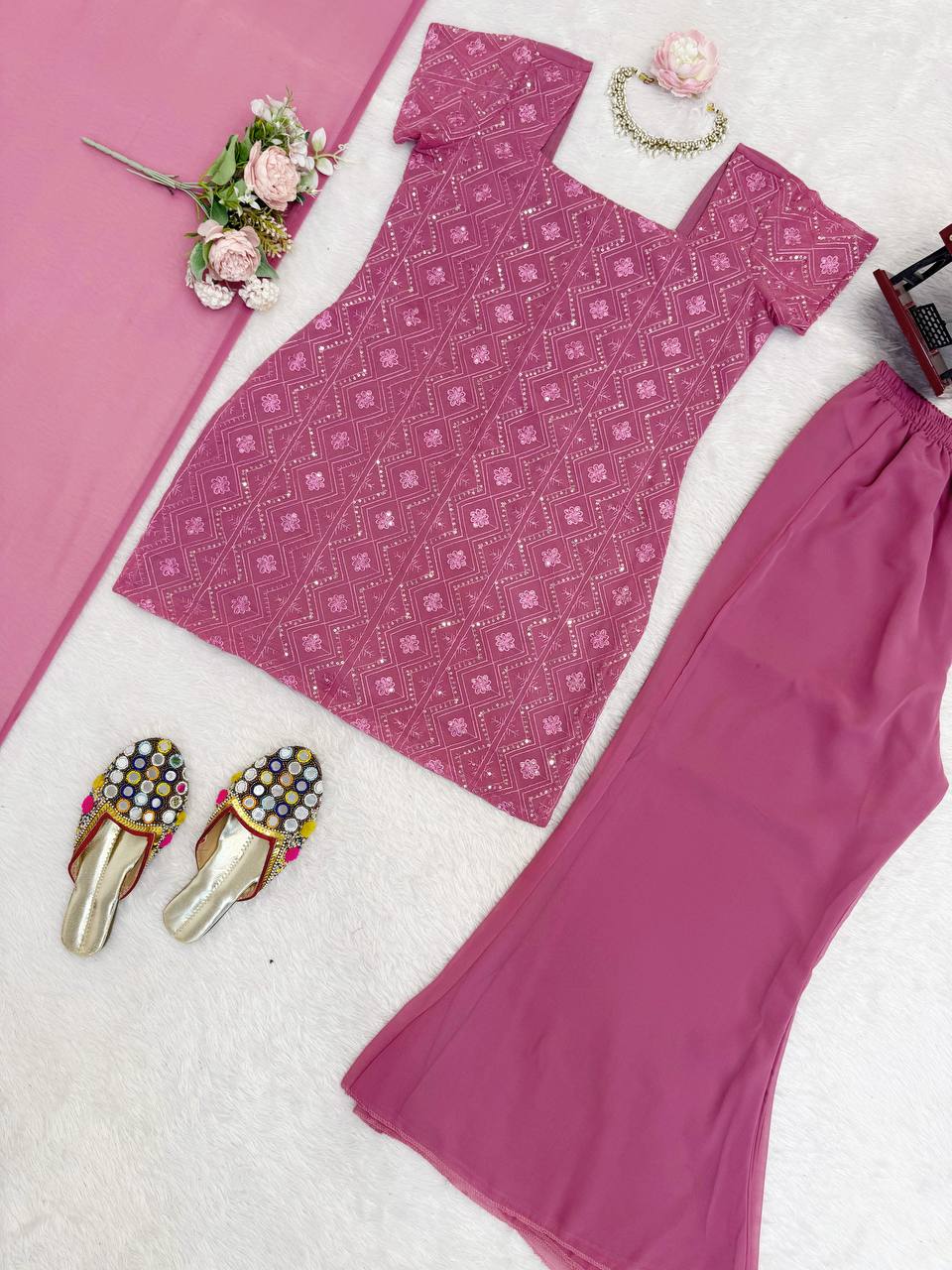 Embroidered Straight Kurti Palazzo Set with Dupatta (3 Colors)