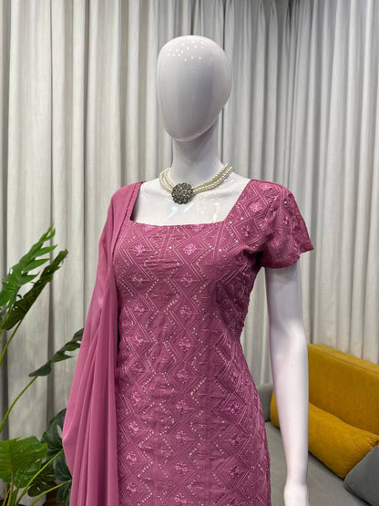 Embroidered Straight Kurti Palazzo Set with Dupatta (3 Colors)