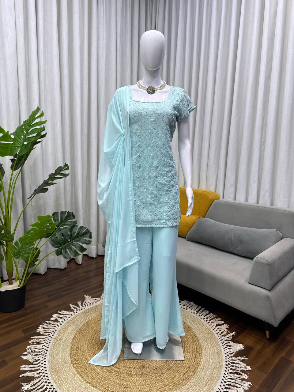Embroidered Straight Kurti Palazzo Set with Dupatta (3 Colors)