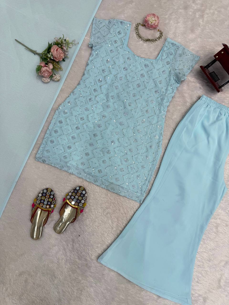 Embroidered Straight Kurti Palazzo Set with Dupatta (3 Colors)