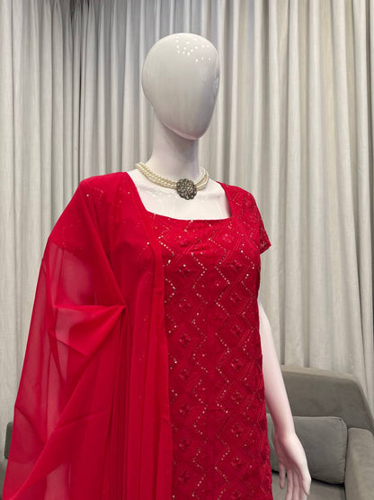 Embroidered Straight Kurti Palazzo Set with Dupatta (3 Colors)
