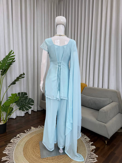 Embroidered Straight Kurti Palazzo Set with Dupatta (3 Colors)