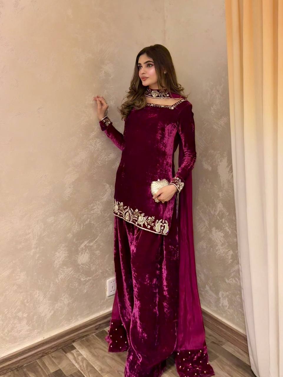 Wine Velvet Embroidered Kurti Palazzo Set with Dupatta