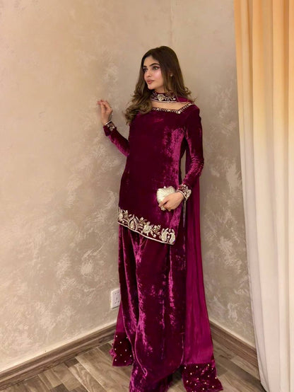 Wine Velvet Embroidered Kurti Palazzo Set with Dupatta