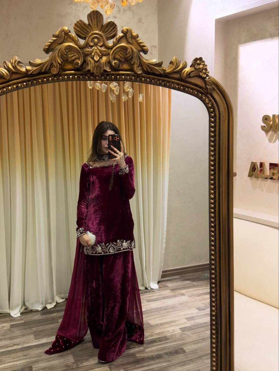 Wine Velvet Embroidered Kurti Palazzo Set with Dupatta