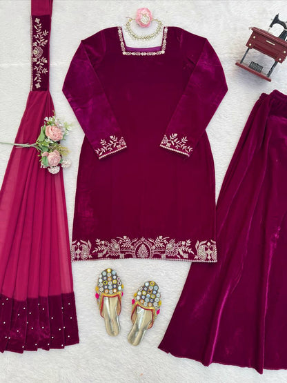Wine Velvet Embroidered Kurti Palazzo Set with Dupatta