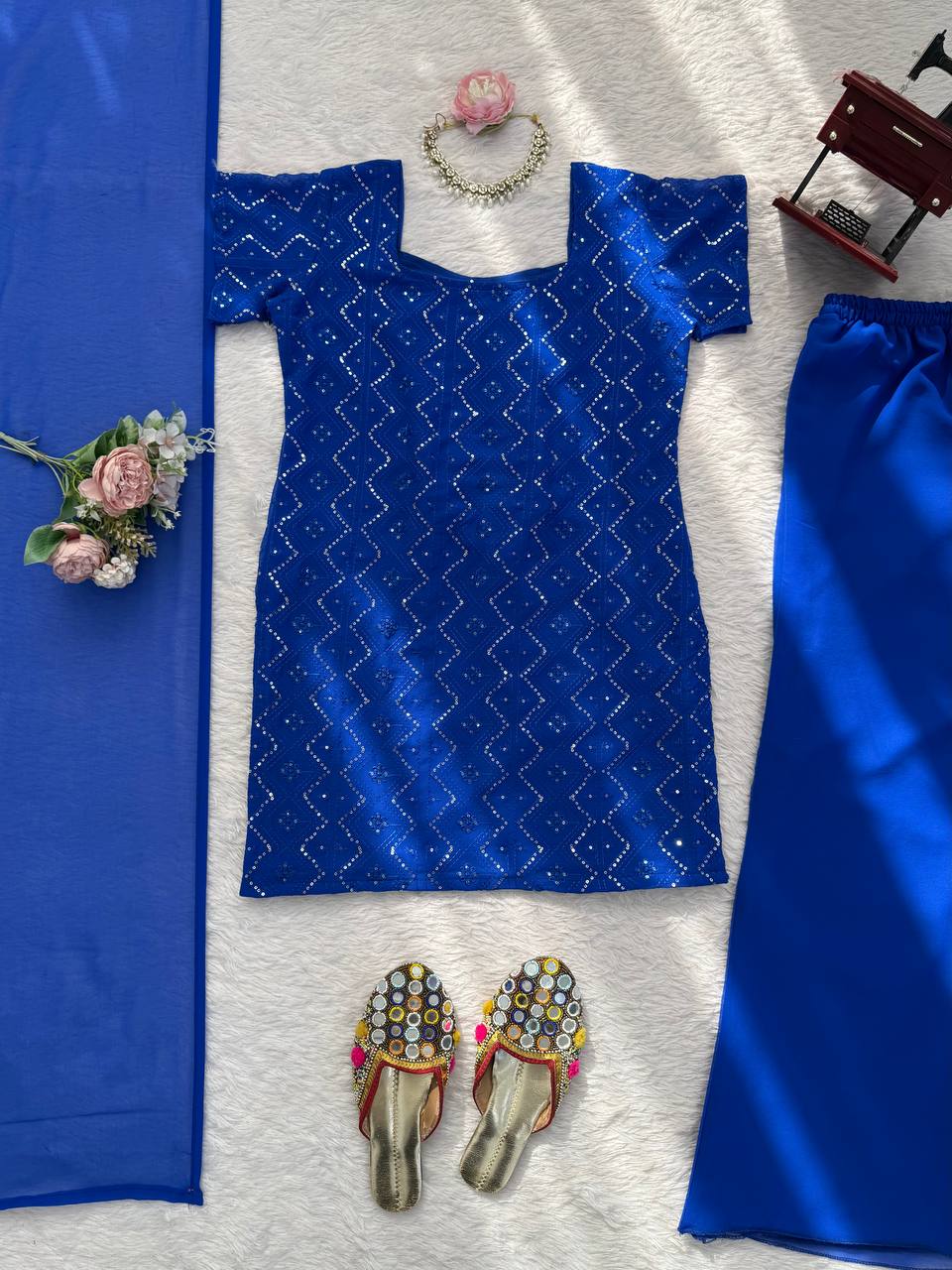 Embroidered Straight Kurti Palazzo Set with Dupatta (3 Colors)