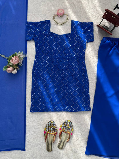Embroidered Straight Kurti Palazzo Set with Dupatta (3 Colors)