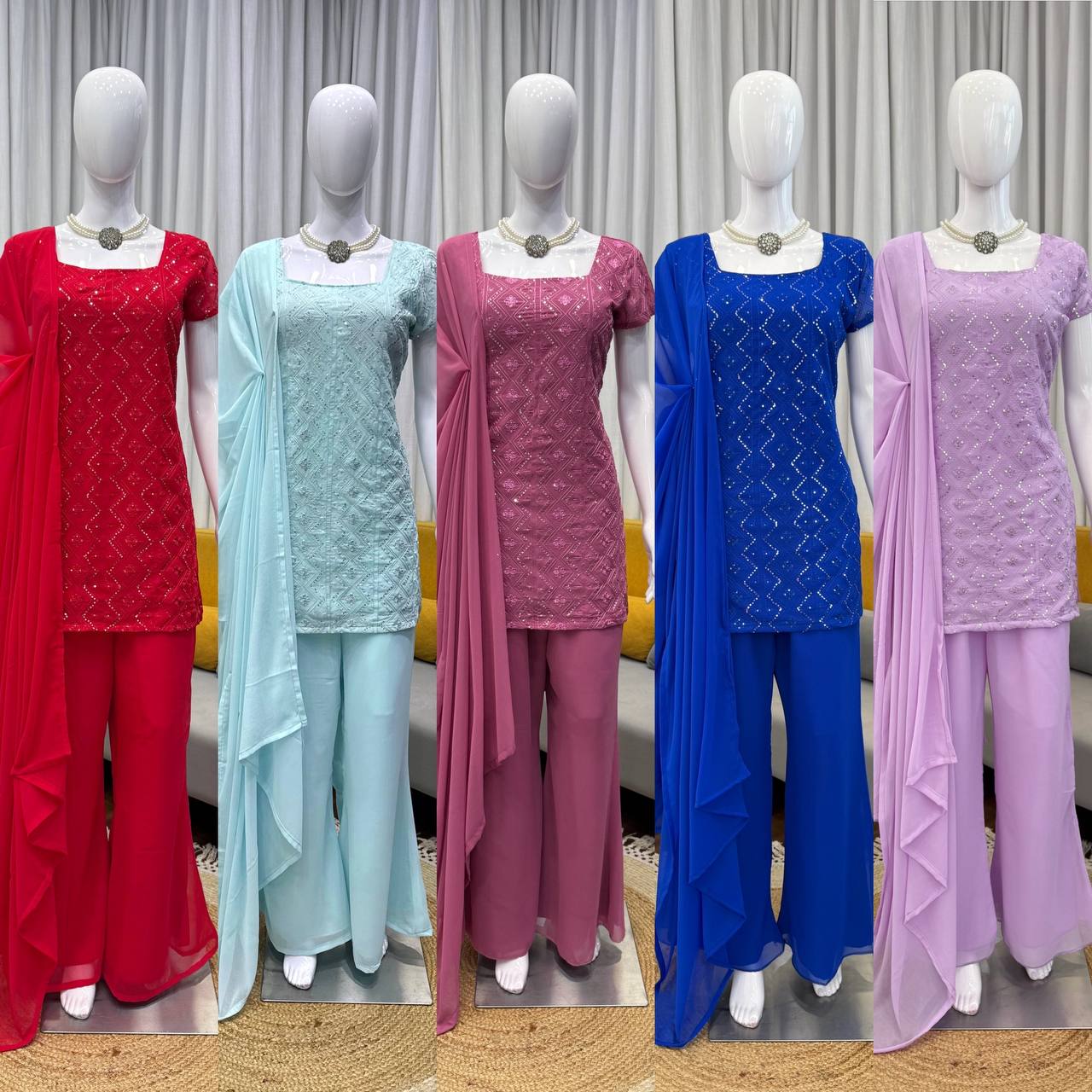 Embroidered Straight Kurti Palazzo Set with Dupatta (3 Colors)