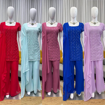 Embroidered Straight Kurti Palazzo Set with Dupatta (3 Colors)