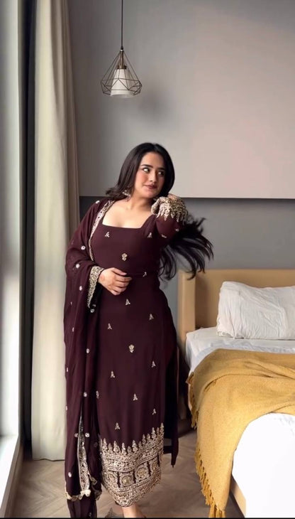 Maroon Heavy Embroidered Kurti Pant Set with Dupatta