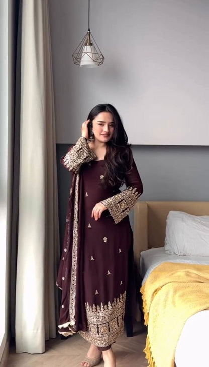 Maroon Heavy Embroidered Kurti Pant Set with Dupatta