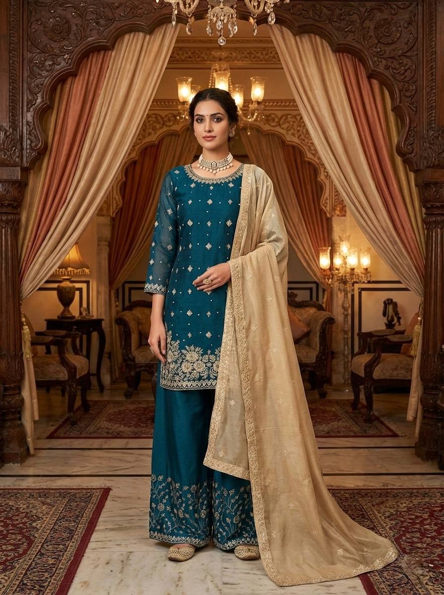 Heavy Embroidered Kurti Palazzo Set with Dupatta – 4 Elegant Colors