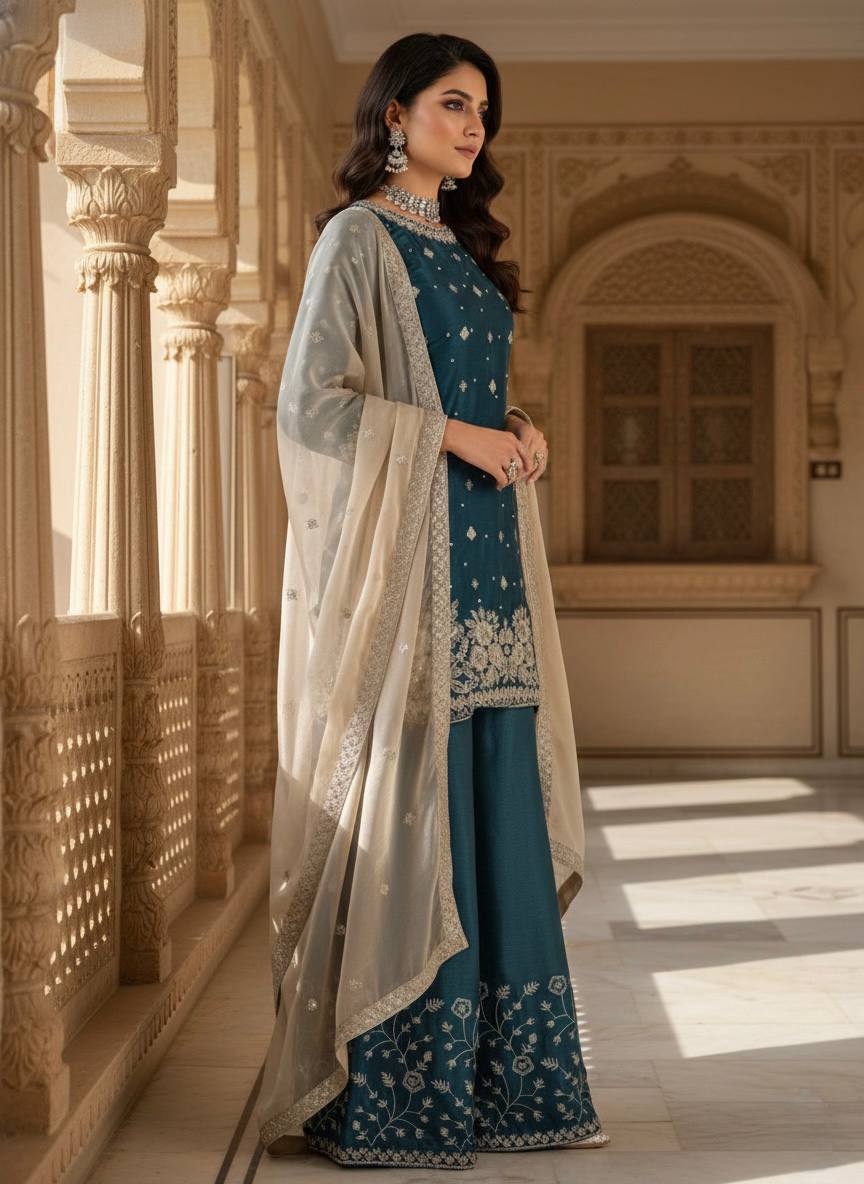Heavy Embroidered Kurti Palazzo Set with Dupatta – 4 Elegant Colors
