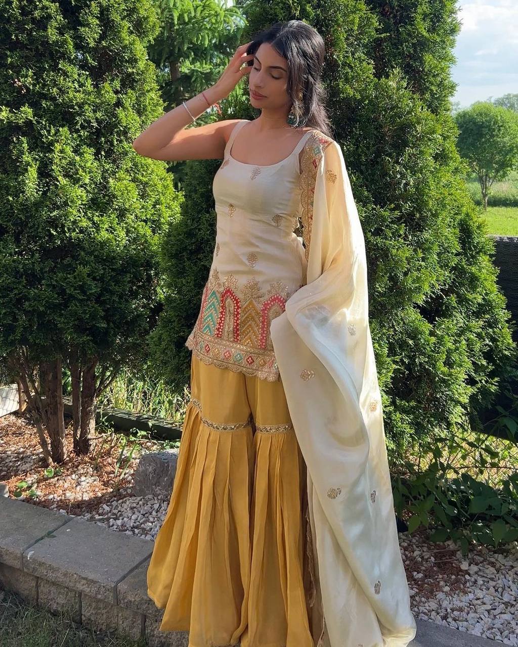 Ivory Embellished Kurti Sharara Set with Yellow Sharara & Dupatta
