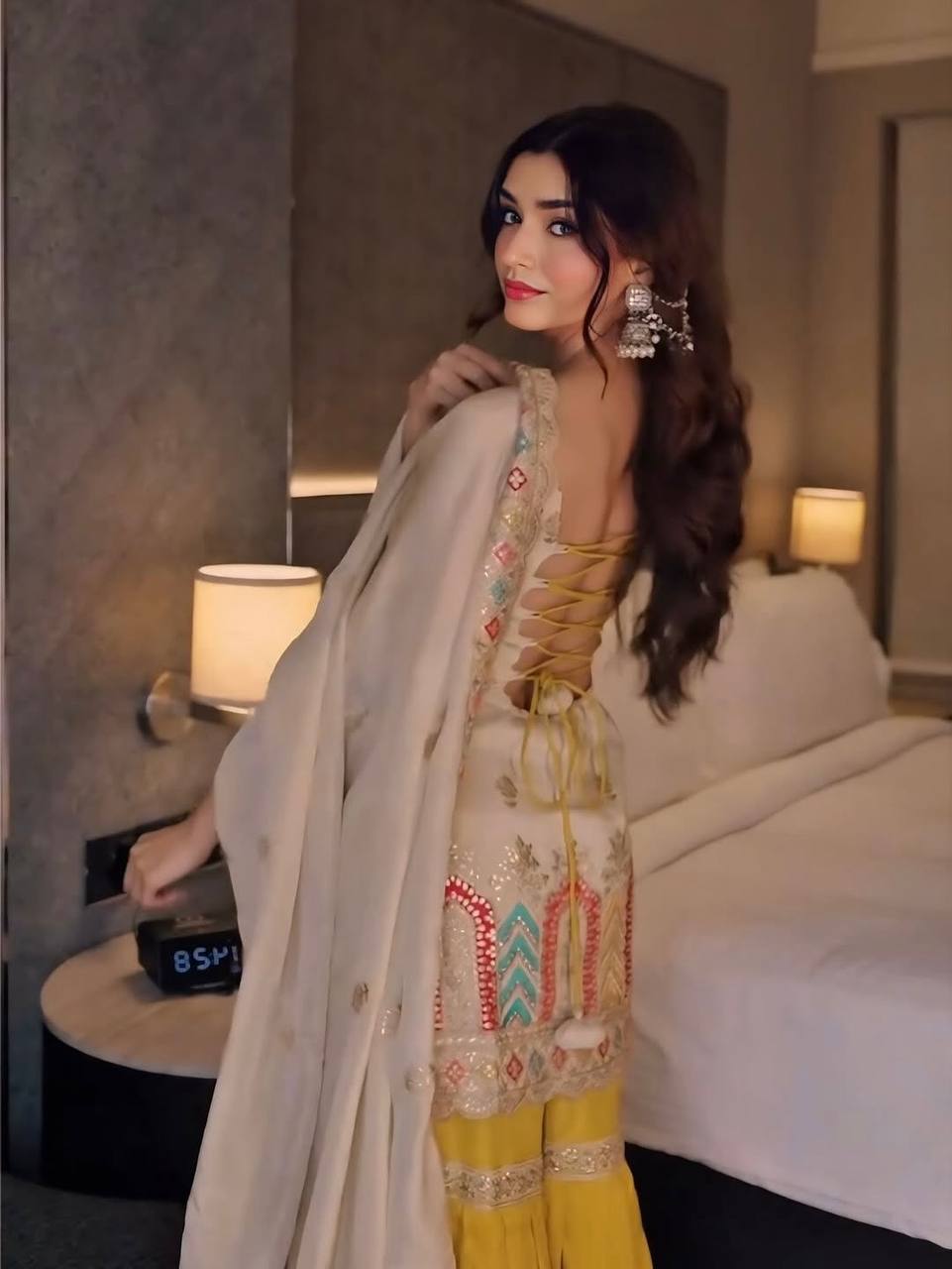 Ivory Embellished Kurti Sharara Set with Yellow Sharara & Dupatta
