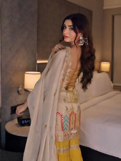 Ivory Embellished Kurti Sharara Set with Yellow Sharara & Dupatta