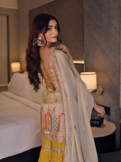 Ivory Embellished Kurti Sharara Set with Yellow Sharara & Dupatta