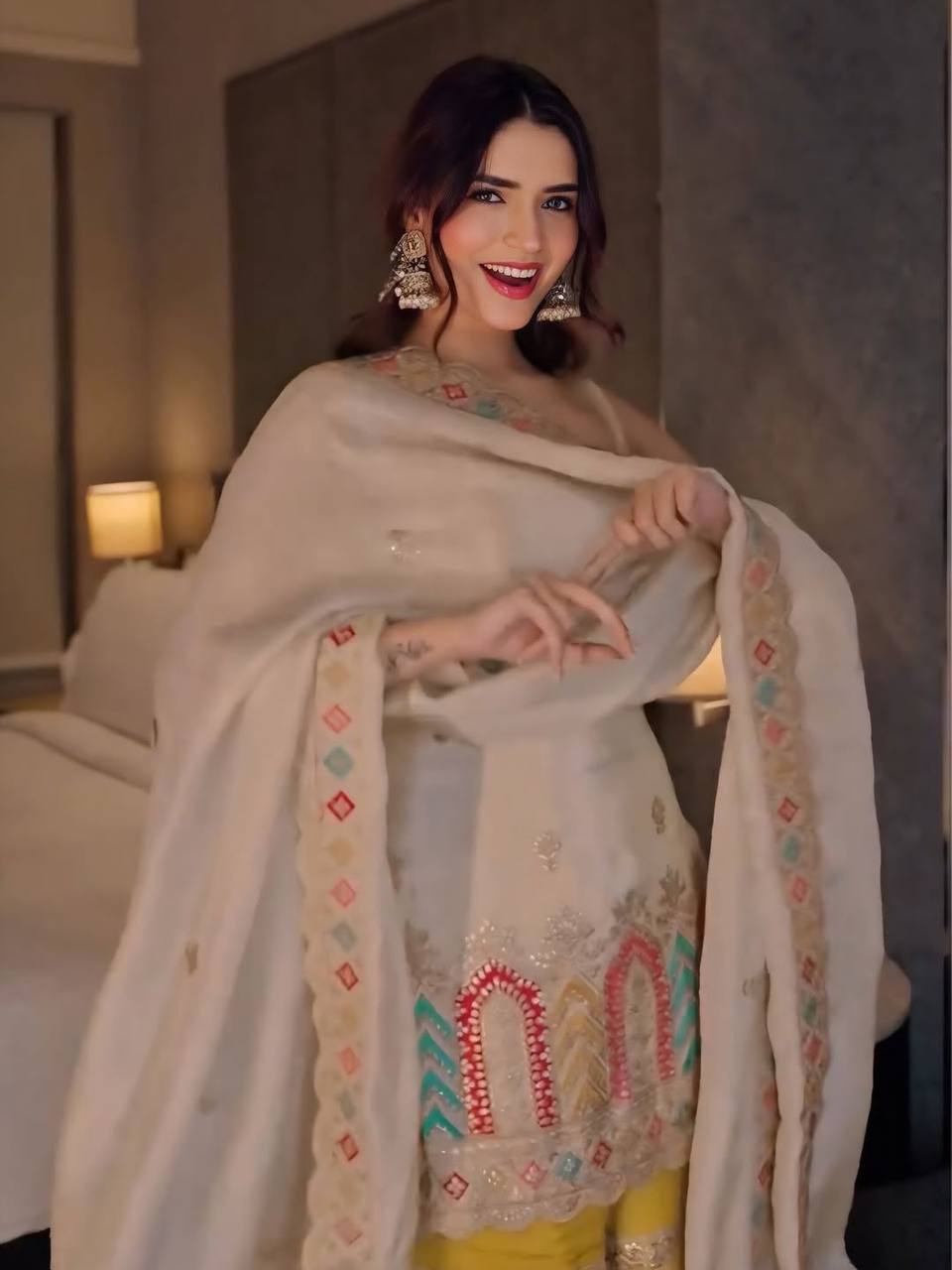 Ivory Embellished Kurti Sharara Set with Yellow Sharara & Dupatta