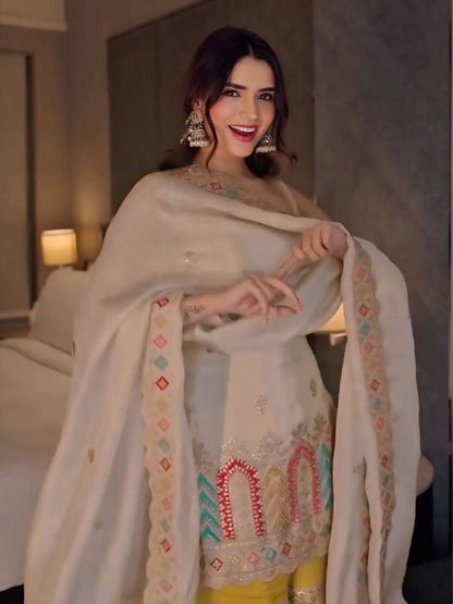 Ivory Embellished Kurti Sharara Set with Yellow Sharara & Dupatta