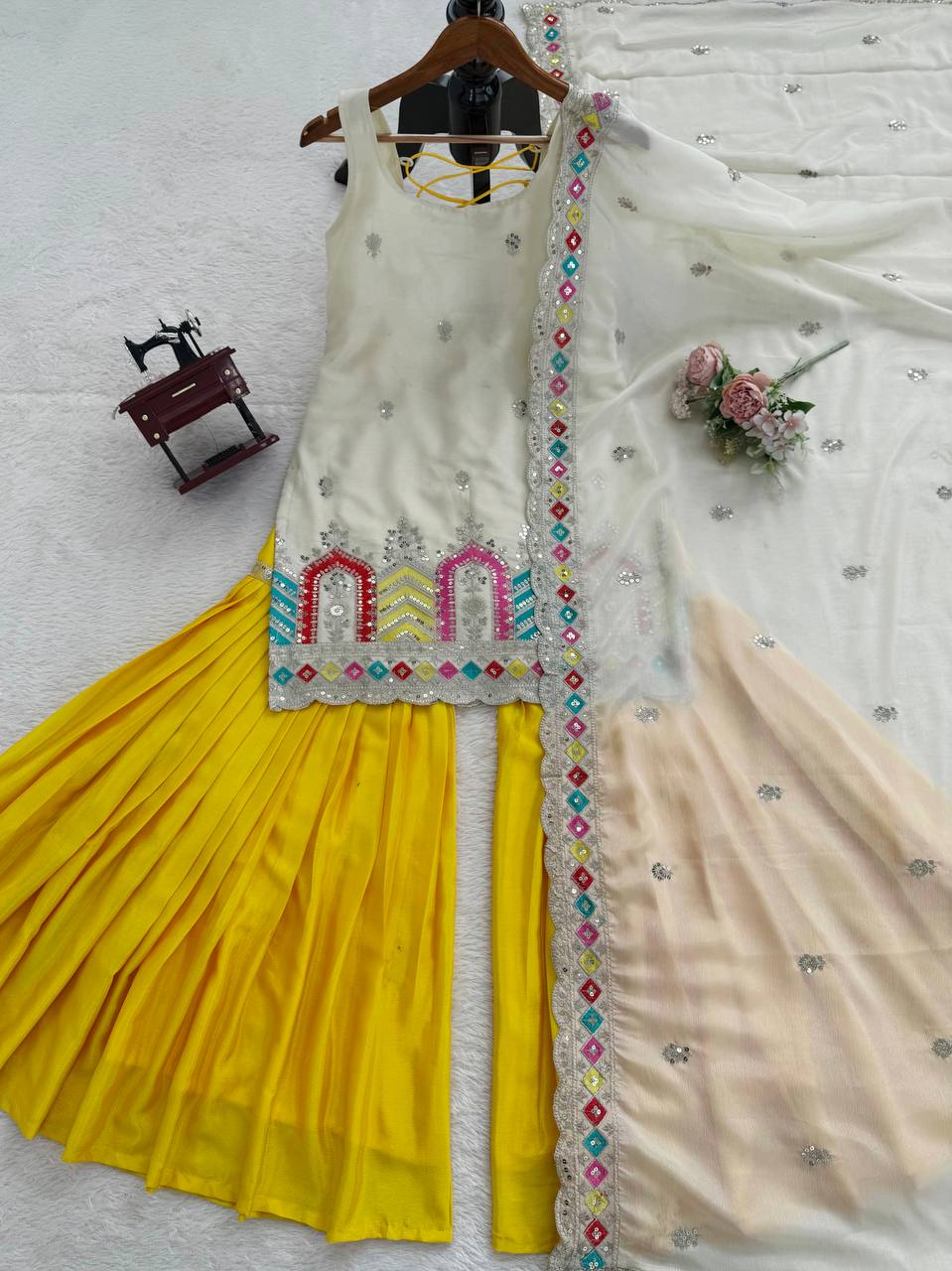 Ivory Embellished Kurti Sharara Set with Yellow Sharara & Dupatta
