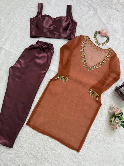 Mirror Work Organza Kurti with Satin Inner & Pants – 2 Color Options