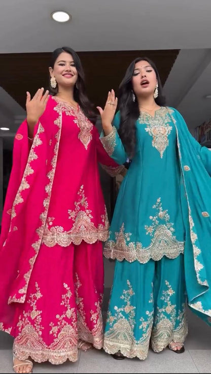 Heavy Embroidered Kurti Sharara Set with Dupatta – 4 Stunning Colors