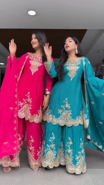 Heavy Embroidered Kurti Sharara Set with Dupatta – 4 Stunning Colors