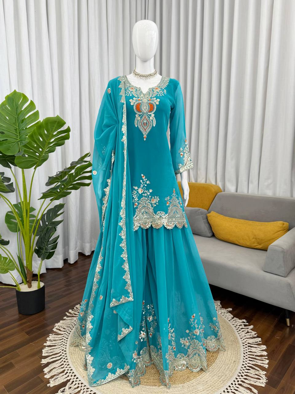 Heavy Embroidered Kurti Sharara Set with Dupatta – 4 Stunning Colors