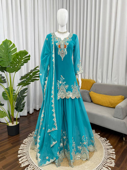 Heavy Embroidered Kurti Sharara Set with Dupatta – 4 Stunning Colors