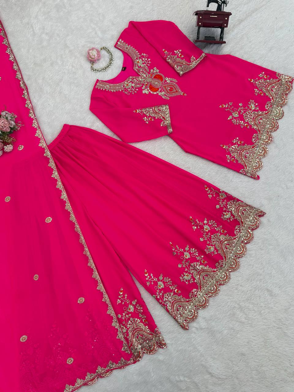 Heavy Embroidered Kurti Sharara Set with Dupatta – 4 Stunning Colors