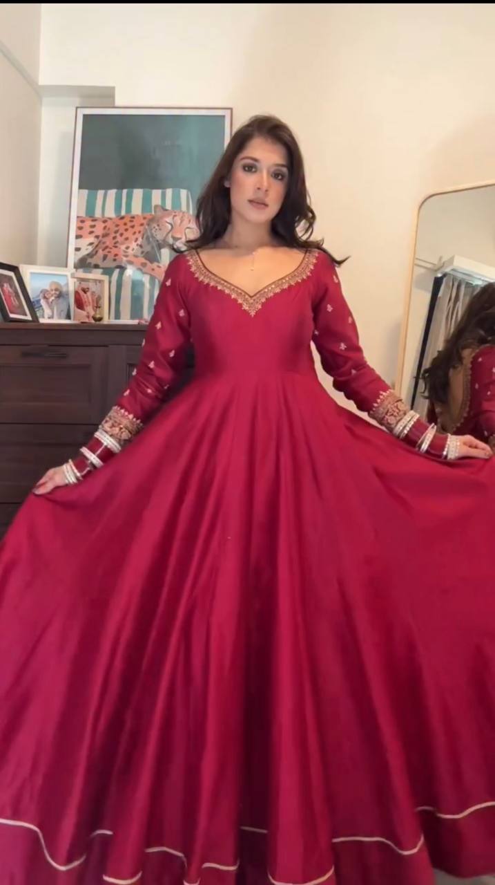 Rani Pink Embroidered Anarkali Kurti with Pant & Printed Dupatta – Festive Wear Set