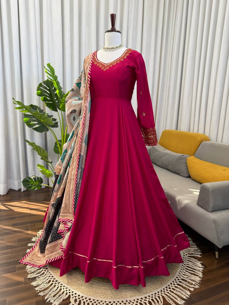 Rani Pink Embroidered Anarkali Kurti with Pant & Printed Dupatta – Festive Wear Set