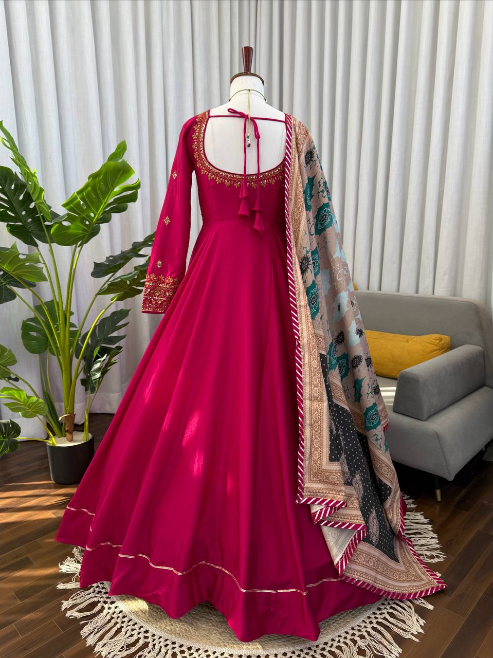 Rani Pink Embroidered Anarkali Kurti with Pant & Printed Dupatta – Festive Wear Set