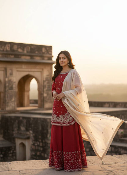 Heavy Embroidered Kurti Palazzo Set with Dupatta – 4 Elegant Colors